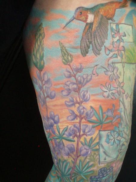 Tattoos - Color Humming Bird and Flowers Tattoo - 61942